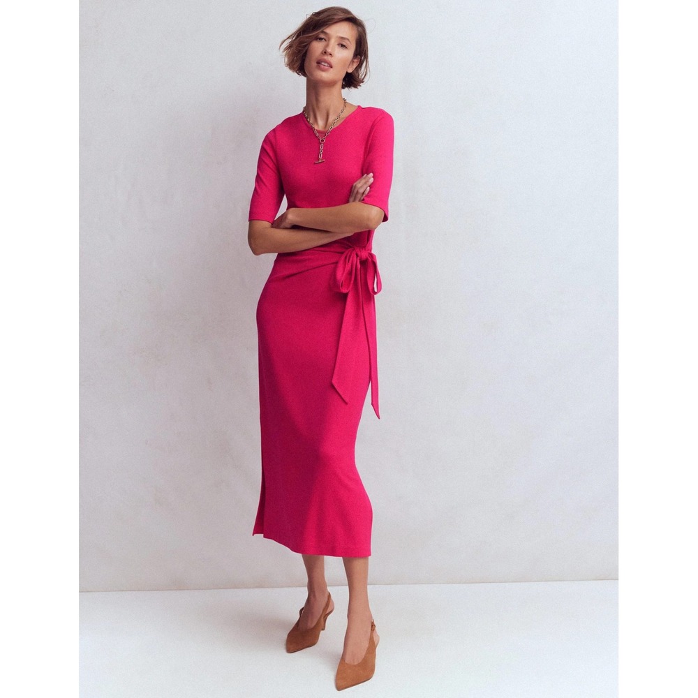 Boden Zinnia Tie Jersey Hot Pink Ponte Dress 14 Minimalist Coastal Euro Chic